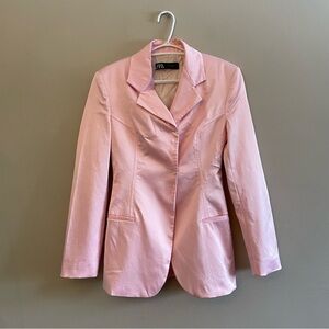 Zara Light Pink Satin Long Line Blazer